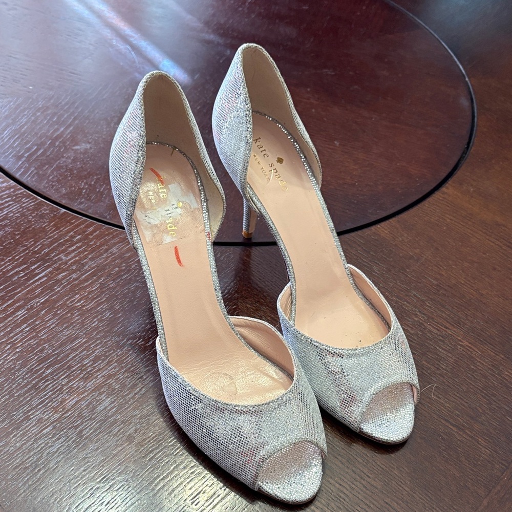Kate Spade Glittering Silver Peep Toe Heels - Picture 2 of 5